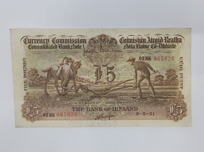 Lot 465 - A £5 PLOUGHMAN IRISH BANKNOTE, Bank of Ireland...
