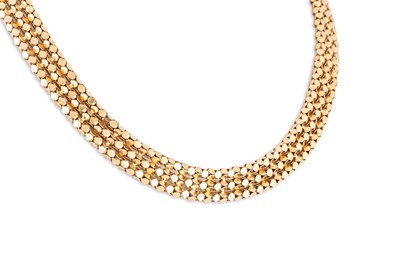 Lot 187 - A CONTINENTAL 18CT GOLD FLEXIBLE NECKLACE, 39 g.