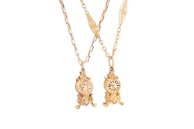 Lot 189 - TWO 9CT YELLOW GOLD NOVELTY CLOCK PENDANTS,...