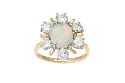Lot 50 - AN OPAL AND DIAMOND CLUSTER RING, the oval...