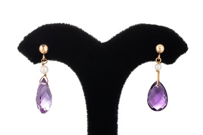 Lot 31 - A PAIR OF BRIOLETTE AMETHYST AND PEARL DROP...