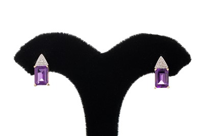 Lot 35 - A PAIR OF AMETHYST STUD EARRINGS, diamond...