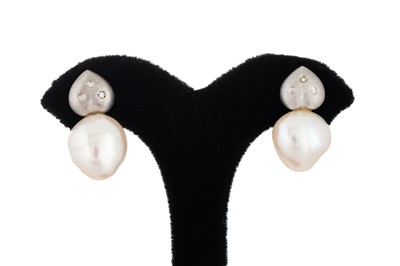 Lot 37 - A PAIR OF BAROQUE PEARL AND DIAMOND EARRINGS,...