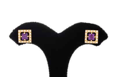 Lot 78 - A PAIR OF AMETHYST CLUSTER EARRINGS, square...