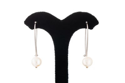 Lot 82 - A PAIR OF PEARL DROP EARRINGS, to 14ct gold...
