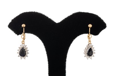 Lot 114 - A PAIR OF DIAMOND AND SAPPHIRE DROP EARRINGS,...