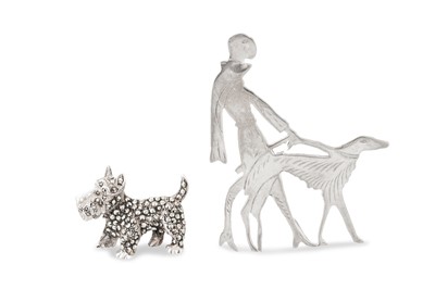 Lot 120 - TWO SILVER DOG BROOCHES, one set with marcasite