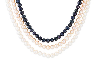 Lot 124 - A LONG THREE STRANDED CULTURED PEARL NECKLACE,...