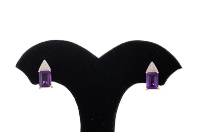 Lot 137 - A PAIR OF AMETHYST EARRINGS, diamond point to...