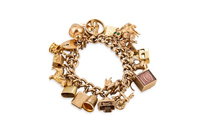 Lot 359 - A 9CT GOLD CHARM BRACELET, suspending various...