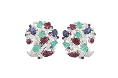 Lot 348 - A PAIR OF GEM SET CLUSTER EARRINGS, set with...