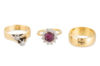 Lot 195 - THREE 18CT GOLD RINGS, two diamond set, 17 g.