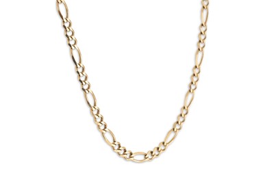 Lot 201 - A 9CT GOLD FLAT FIGARO LINK NECK CHAIN, 18 g.