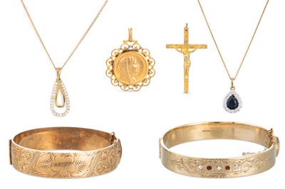 Lot 214 - TWO MODERN GOLD DRESS PENDANTS, together with...