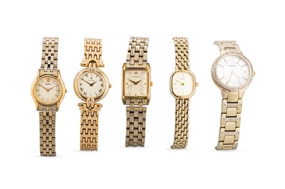 Lot 215 - FIVE STAINLESS STEEL YELLOW TONED LADY'S...