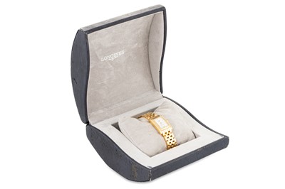 Lot 387 - A LADY'S 18CT GOLD LONGINES WRISTWATCH, white...