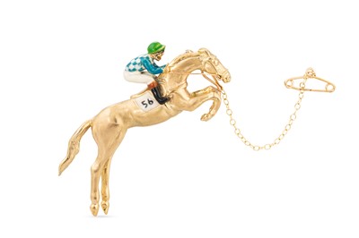 Lot 239 - A 9CT GOLD BROOCH, in the form of the racing...