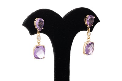 Lot 299 - A PAIR OF AMETHYST AND DIAMOND DROP EARRINGS,...