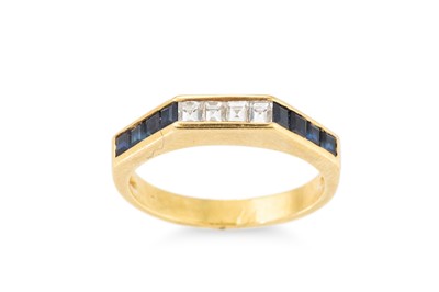 Lot 302 - A SAPPHIRE AND DIAMOND BAND RING, shaped form,...