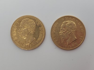Lot 455 - TWO X 20 LIRA GOLD ITALIAN COINS, 1862 & 1882,...