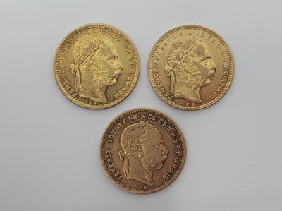 Lot 458 - THREE X 20 FRANC/8 FORINT HUNGARIAN GOLD COINS,...