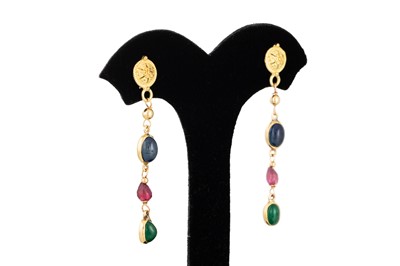 Lot 123 - A PAIR OF RUBY, SAPPHIRE AND EMERALD EARRINGS,...