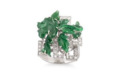 Lot 268 - A JADE AND DIAMOND CLUSTER RING, of abstract...