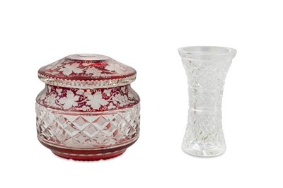 Lot 531 - A BOHEMIAN CIRCULAR GLASS JAR & COVER, etched...