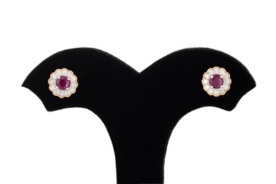 Lot 72 - A PAIR OF RUBY AND DIAMOND SET CLUSTER...