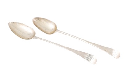 Lot 499 - TWO ANTIQUE LONG HANDLED SILVER SERVING SPOONS,...