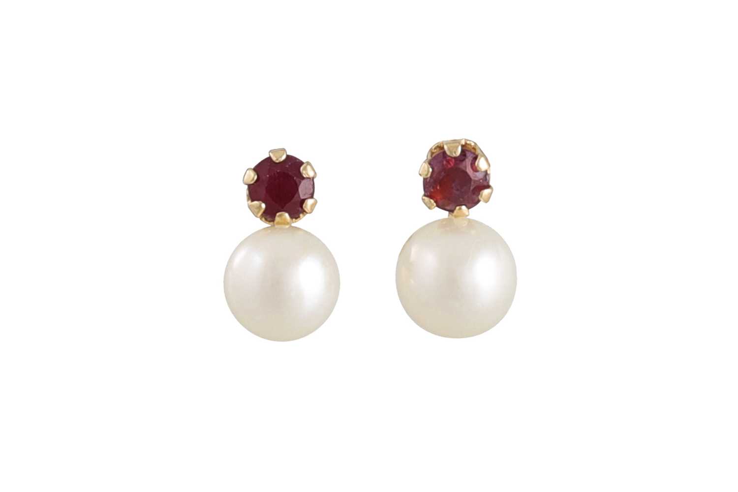 Lot 59 - A PAIR OF PEARL AND RUBY STUD EARRINGS,...