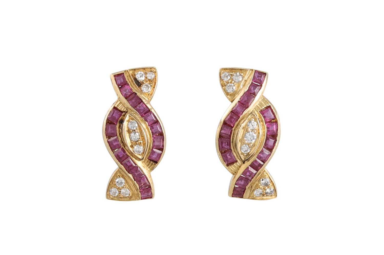 Lot 68 - A PAIR OF DIAMOND AND RUBY EARRINGS, bow...