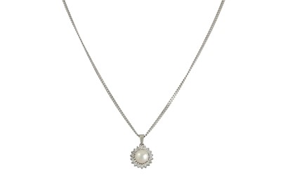 Lot 108 - A DIAMOND AND PEARL CLUSTER PENDANT, mounted...