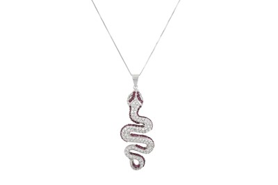 Lot 210 - A DIAMOND AND RUBY SERPENT PENDANT, the...
