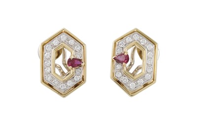 Lot 213 - A PAIR OF DIAMOND AND RUBY DRESS EARRINGS, the...