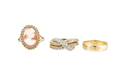 Lot 44 - THREE GOLD RINGS, one set with a cameo, 14.5 g,...