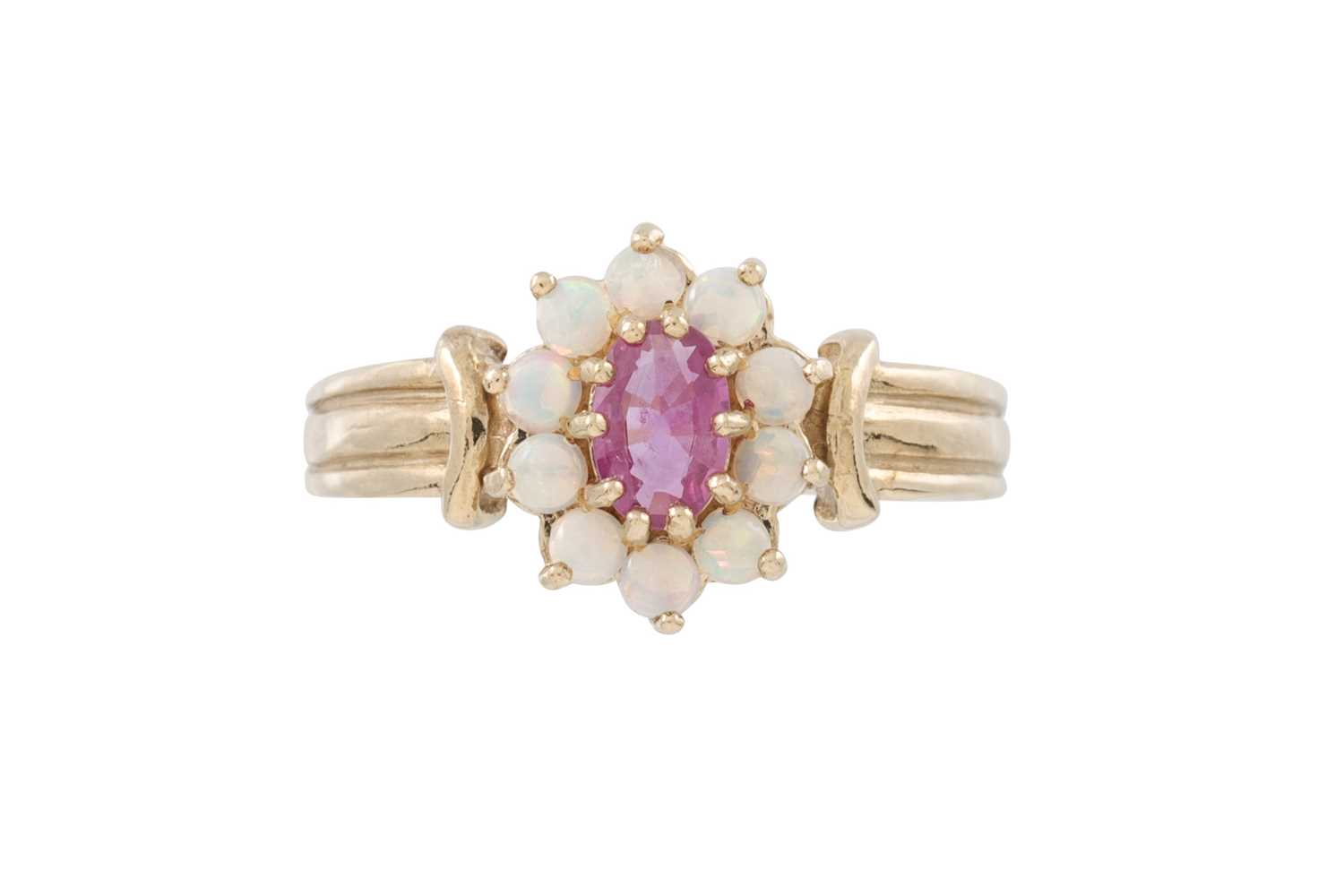 Lot 26 - A RUBY AND OPAL CLUSTER RING, mounted in 9ct...