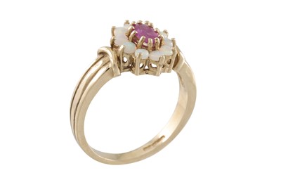Lot 26 - A RUBY AND OPAL CLUSTER RING, mounted in 9ct...