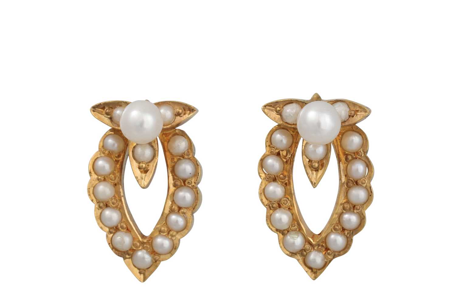 Lot 32 - A PAIR OF ANTIQUE PEARL EARRINGS, of shaped...
