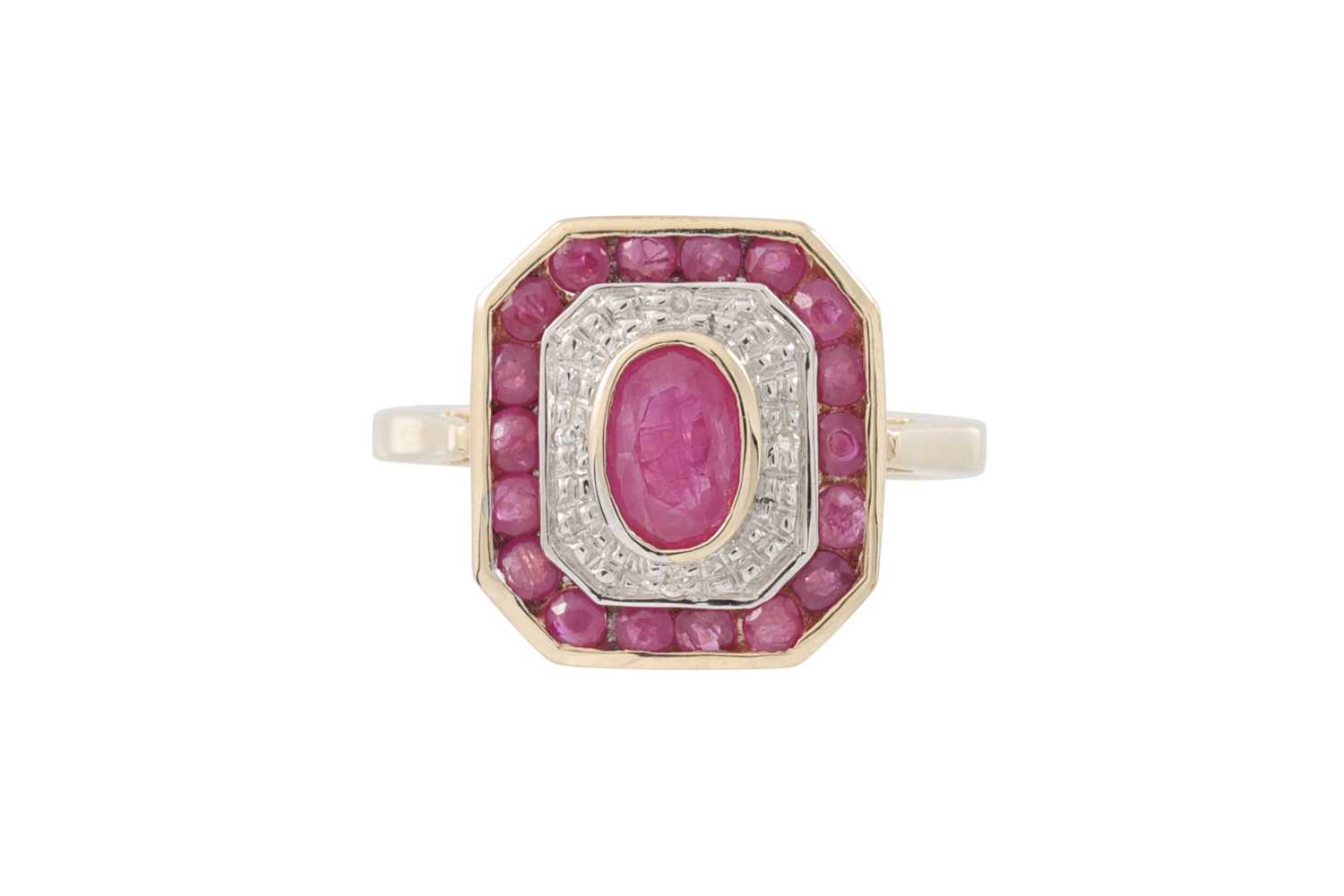 Lot 65 - A DIAMOND AND RUBY CLUSTER RING, of...