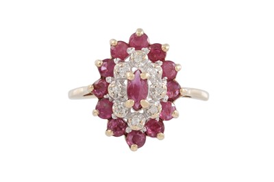 Lot 76 - A DIAMOND AND RUBY CLUSTER RING, mounted in...
