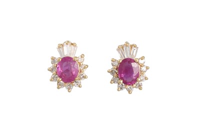 Lot 83 - A PAIR OF DIAMOND AND RUBY CLUSTER EARRINGS,...