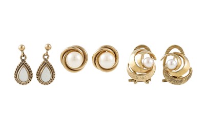 Lot 160 - TWO PAIRS OF 9CT GOLD PEARL EARRINGS, and one...