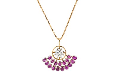 Lot 83 - A MID 20TH CENTURY DIAMOND AND RUBY PENDANT,...