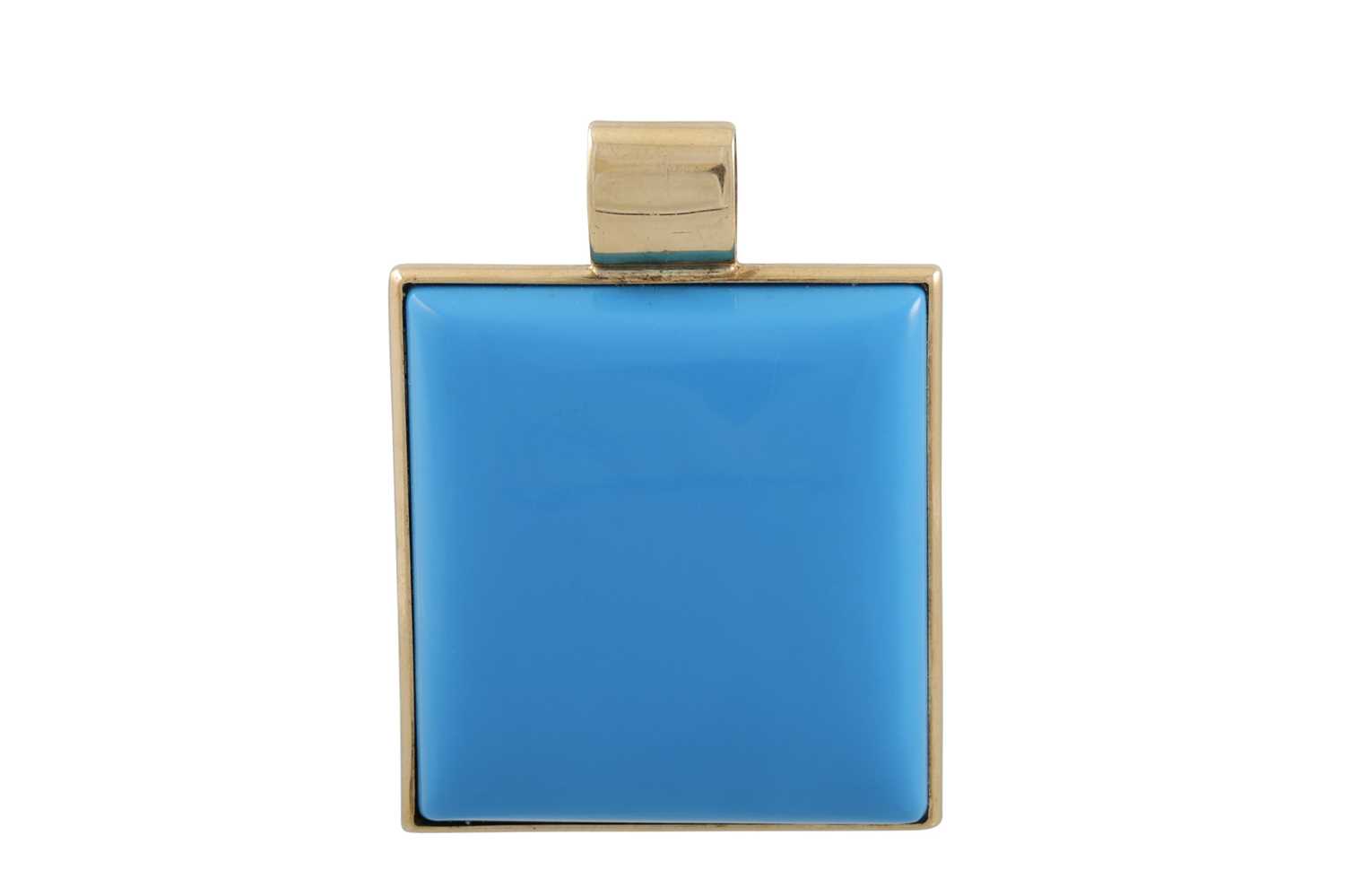 Lot 236 - A BLUE SQUARE STONE SET PENDANT, mounted in...