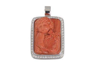 Lot 291 - A CORAL AND DIAMOND CAMEO PENDANT, the carved...