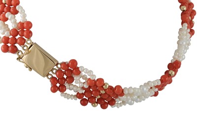 Lot 318 - A SEED PEARL AND CORAL CHOCKER, of woven form,...