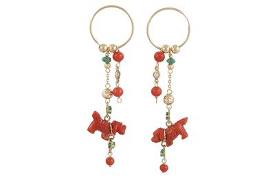 Lot 328 - A PAIR OF CORAL AND EMERALD DROP EARRINGS, the...