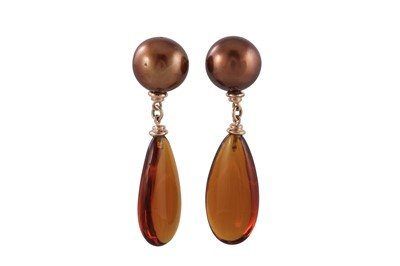 Lot 331 - A PAIR OF CITRINE AND CULTURED PEARL EARRINGS,...