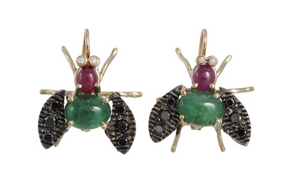 Lot 334 - A PAIR OF EMERALD, BLACK DIAMOND AND RUBY...